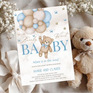 We can Bearly Wait Blue&beige Balloons baby shower Invitation