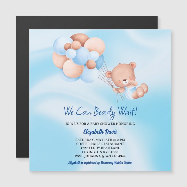 We Can Bearly Wait Blue Beige Boy Baby Shower  Magnetic Invitation (Front/Back)
