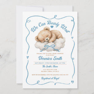 We can bearly wait Blue Bow Bear Boy Baby Shower Invitation