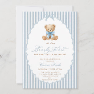 We Can Bearly Wait blue bow Boy Baby Shower Invitation