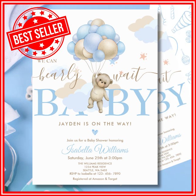 We Can Bearly Wait Blue Boy Baby Shower Invitation (Creator Uploaded)