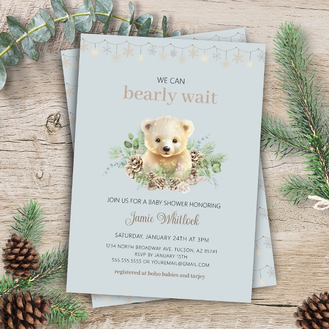 We Can Bearly Wait Blue Boy Winter Baby Shower Invitation (blue bohemian we can bearly wait elegant winter baby shower invitation with polar bear twinkle light)
