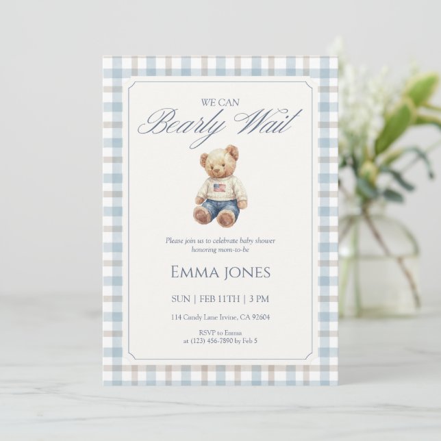 We Can Bearly Wait Blue Gingham baby shower Invitation (Standing Front)