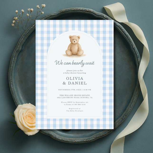 We Can Bearly Wait Blue Gingham Baby Shower Invitation (Creator Uploaded)