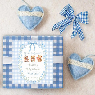 We Can Bearly Wait Blue Gingham Baby Shower Square Sticker