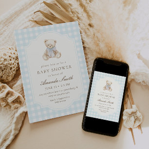 We Can Bearly Wait Blue Gingham Teddy Bear Baby Invitation