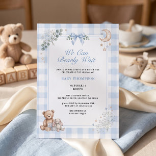 We Can Bearly Wait Blue Gingham Teddy Bear Invitation