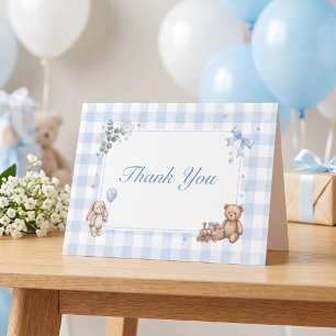 We Can Bearly Wait Blue Gingham Teddy Bear Thank You Card