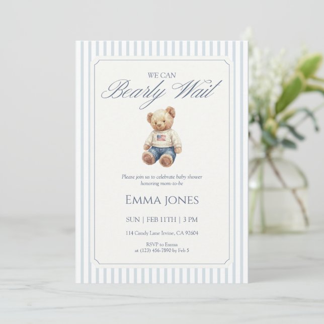 We Can Bearly Wait Blue stripe pattern shower Invitation (Standing Front)