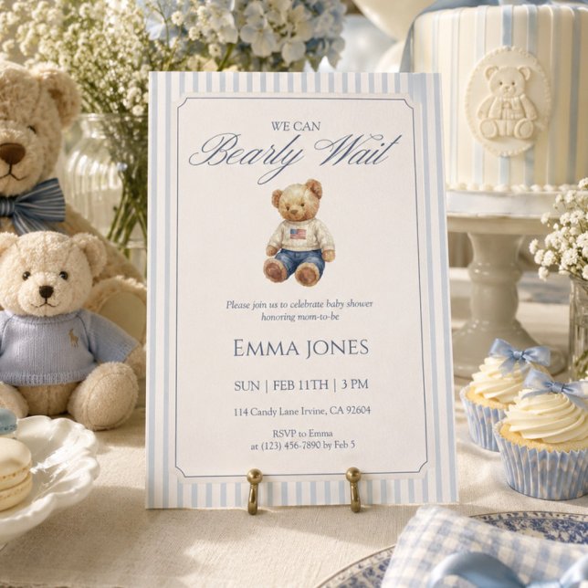 We Can Bearly Wait Blue stripe pattern shower Invitation (Creator Uploaded)