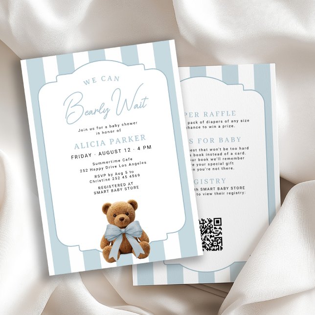 We can bearly wait blue teddy bear all in one invitation (Creator Uploaded)