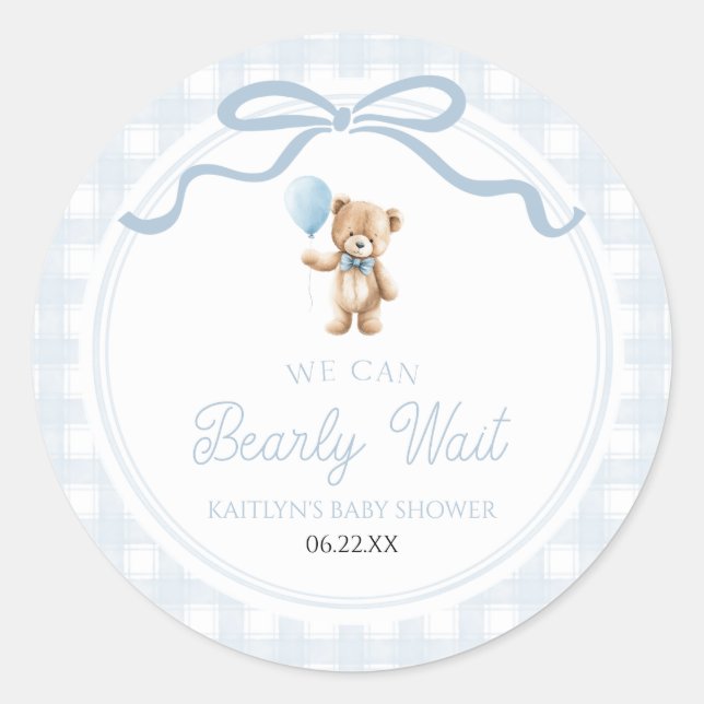 We Can Bearly Wait Blue Teddy Bear Baby Shower Classic Round Sticker (Front)