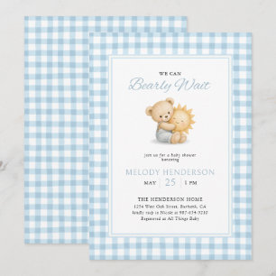We Can Bearly Wait Blue Teddy Bear Baby Shower Invitation