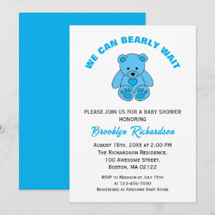 We Can Bearly Wait Blue Teddy Bear Baby Shower Invitation