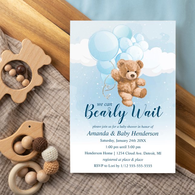 We can Bearly Wait Blue Teddy Bear Baby Shower Invitation (Creator Uploaded)