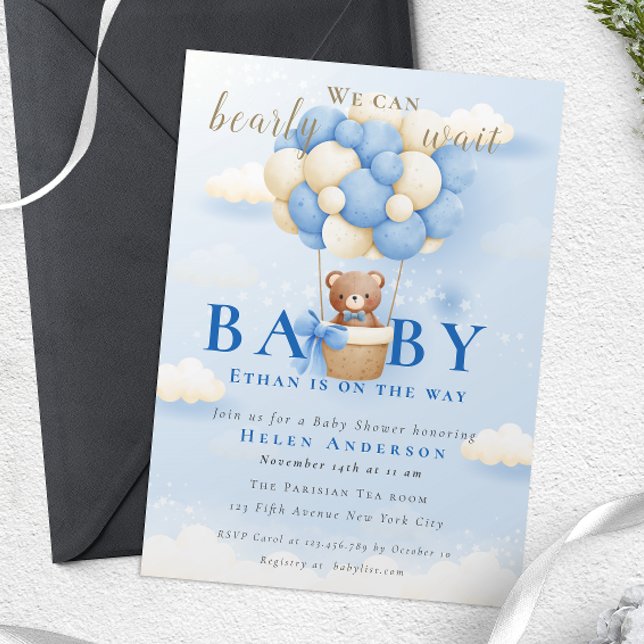 We can Bearly Wait Blue Teddy Bear Baby Shower Invitation (Teddy Bear Balloon Boy Bearly Wait Baby Shower Invitation)