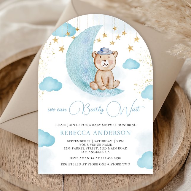 We Can Bearly Wait Blue Teddy Bear Baby Shower Invitation (Creator Uploaded)