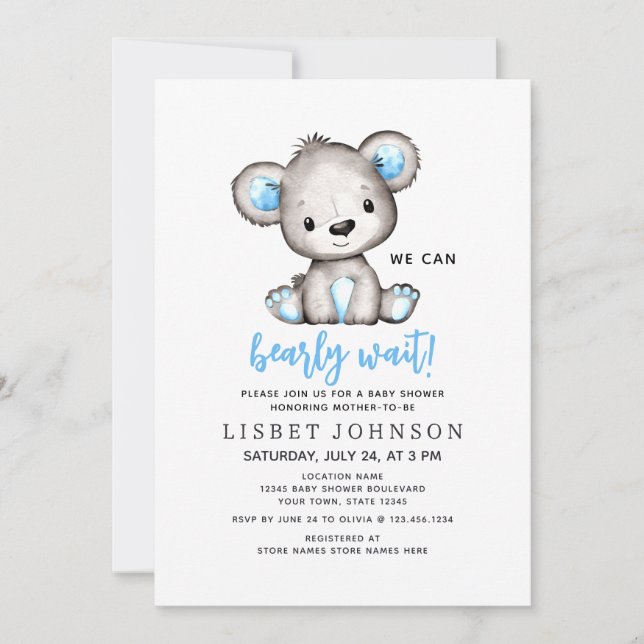 We Can Bearly Wait Blue Teddy Bear Baby Shower Invitation (Front)