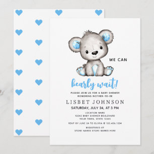 We Can Bearly Wait Blue Teddy Bear Baby Shower Invitation
