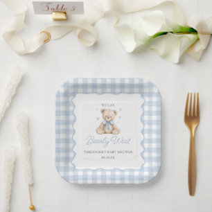 We Can Bearly Wait Blue Teddy Bear Baby Shower Paper Plate