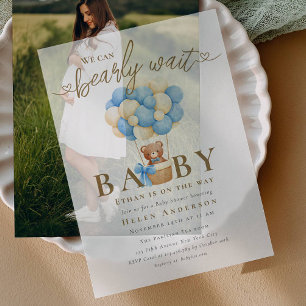 We can Bearly Wait Blue Teddy Bear Baby Shower Vellum Invitations