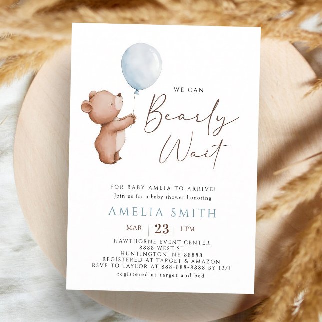 We Can Bearly Wait Blue Teddy Bear Shower Invitation (Creator Uploaded)
