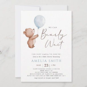We Can Bearly Wait Blue Teddy Bear Shower Invitation