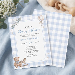 We Can Bearly Wait Blue Watercolor Boy Teddy Bear Invitation