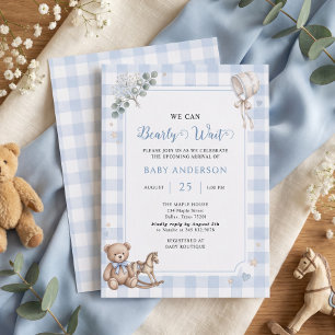 We Can Bearly Wait Blue Watercolor Boy Teddy Bear Invitation