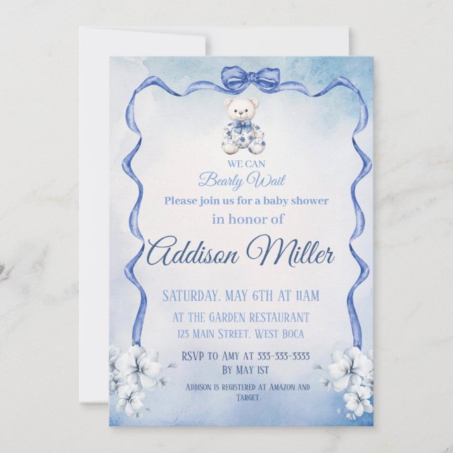 We Can Bearly Wait, Blue&White Elegant Baby Shower Invitation (Front)