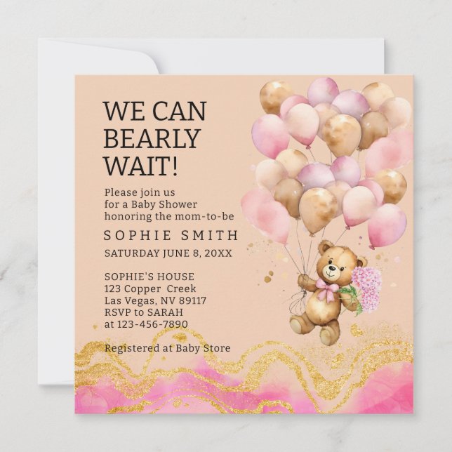 We Can Bearly Wait Blush Pink And Gold Abstract Invitation (Front)