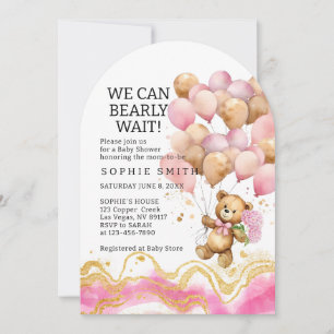We Can Bearly Wait Blush Pink And Gold Abstract Invitation