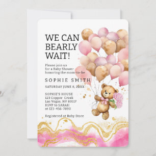We Can Bearly Wait Blush Pink And Gold Abstract Invitation