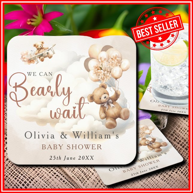 We Can Bearly Wait Boho Gender Neutral Baby Shower Square Paper Coaster (Creator Uploaded)