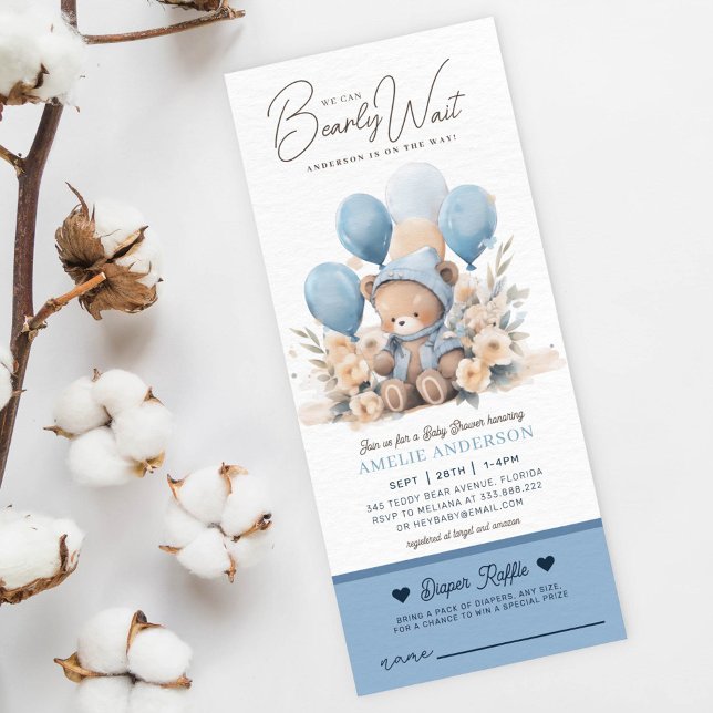 We Can Bearly Wait Boy Baby Shower diaper raffle  Invitation (Creator Uploaded)