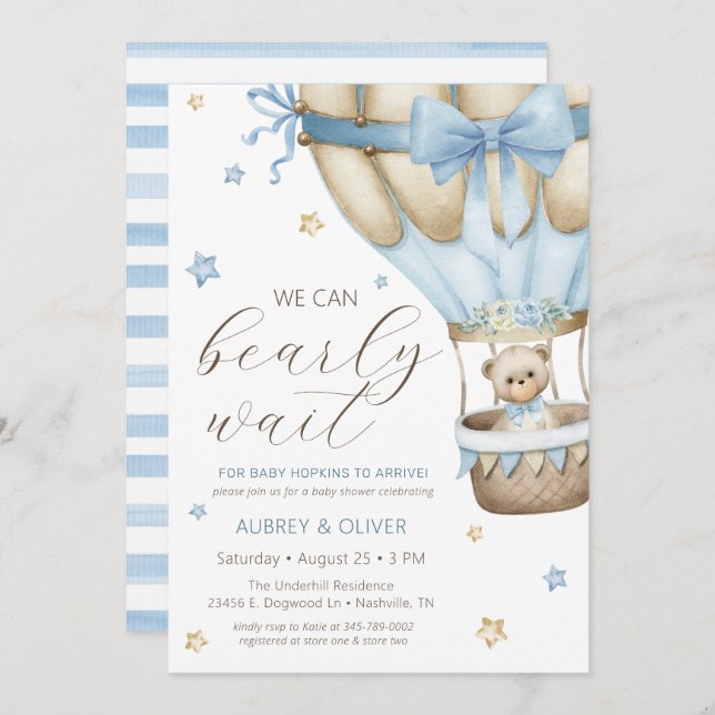 We Can Bearly Wait Boy Baby Shower Invitation (Front/Back)