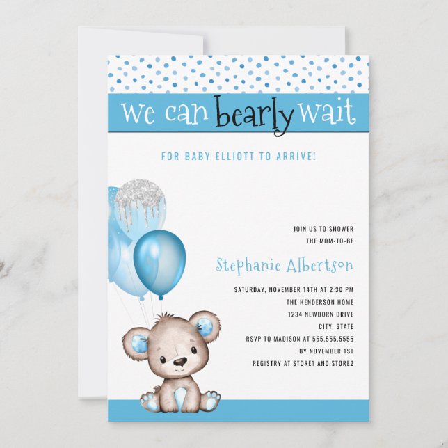 We Can Bearly Wait Boy Baby Shower Invitation (Front)