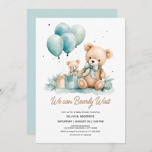 We Can Bearly Wait Boy Baby Shower Invitation (Front/Back)