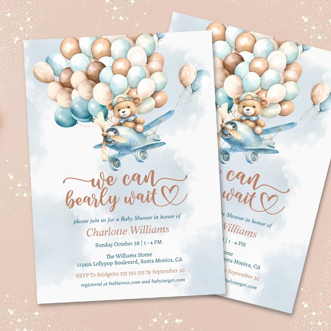We Can Bearly Wait Boy Baby Shower Invitation (We can bearly wait baby shower invitation, teddy bear, blue balloons)