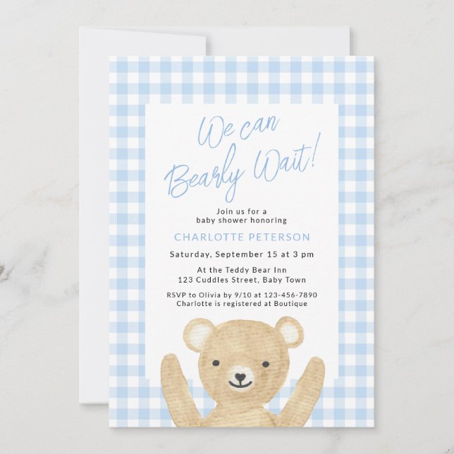 We Can Bearly Wait Boy Baby Shower  Invitation (Front)
