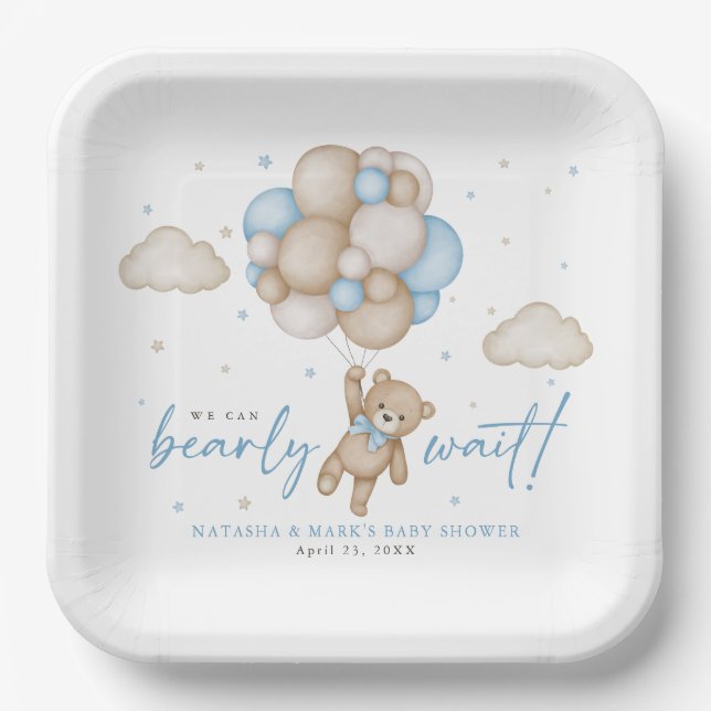 We Can Bearly Wait Boy Baby Shower Paper Plate (Front)