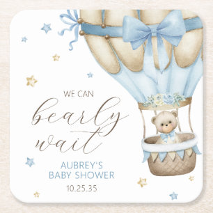 We Can Bearly Wait Boy Baby Shower Square Paper Coaster