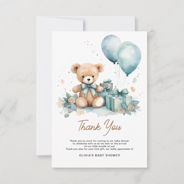 We Can Bearly Wait Boy Baby Shower Thank You Card (Front)