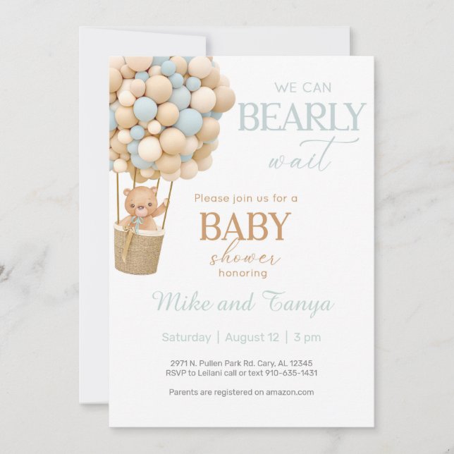 We can bearly wait boy bear Baby Shower invite. Invitation (Front)