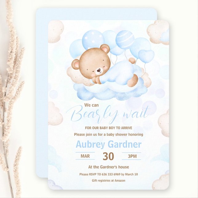 We Can Bearly Wait Boy Blue Bear Baby Shower Invitation (We Can Bearly Wait Boy Blue Bear Baby Shower Invitation)