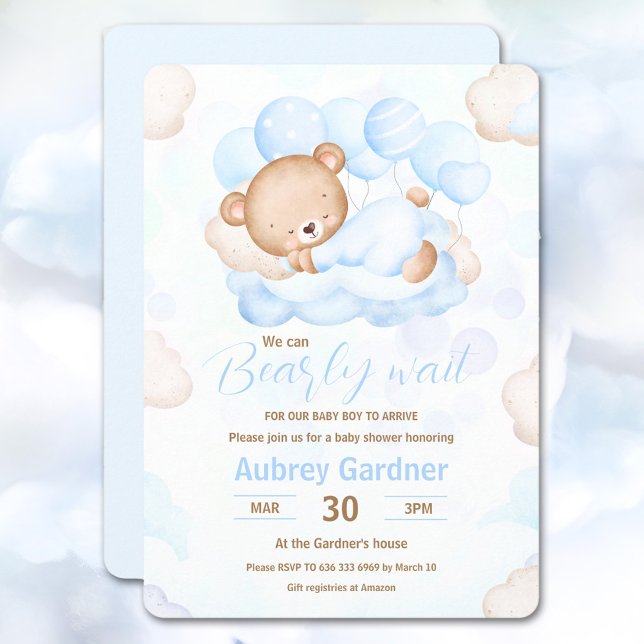 We Can Bearly Wait Boy Blue Cute Bear Baby Shower Invitation (We Can Bearly Wait Boy Blue Cute Bear Baby Shower Invitation)