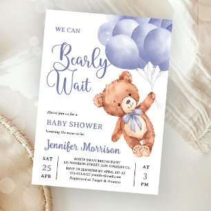 We Can Bearly Wait Boy Blue Teddy Bear Baby Shower Invitation