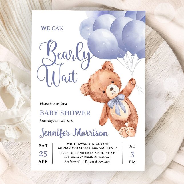 We Can Bearly Wait Boy Blue Teddy Bear Baby Shower Invitation (Creator Uploaded)
