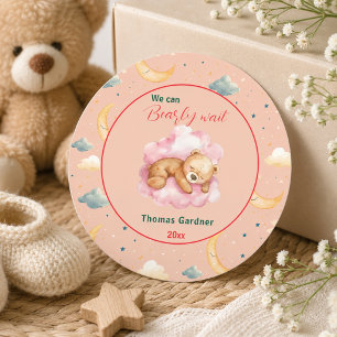 We Can Bearly Wait Boy Cute Bear Baby Shower  Classic Round Sticker
