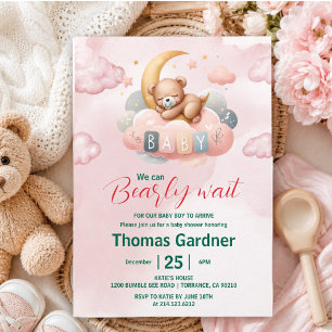 We Can Bearly Wait Boy Cute Bear Baby Shower  Invitation